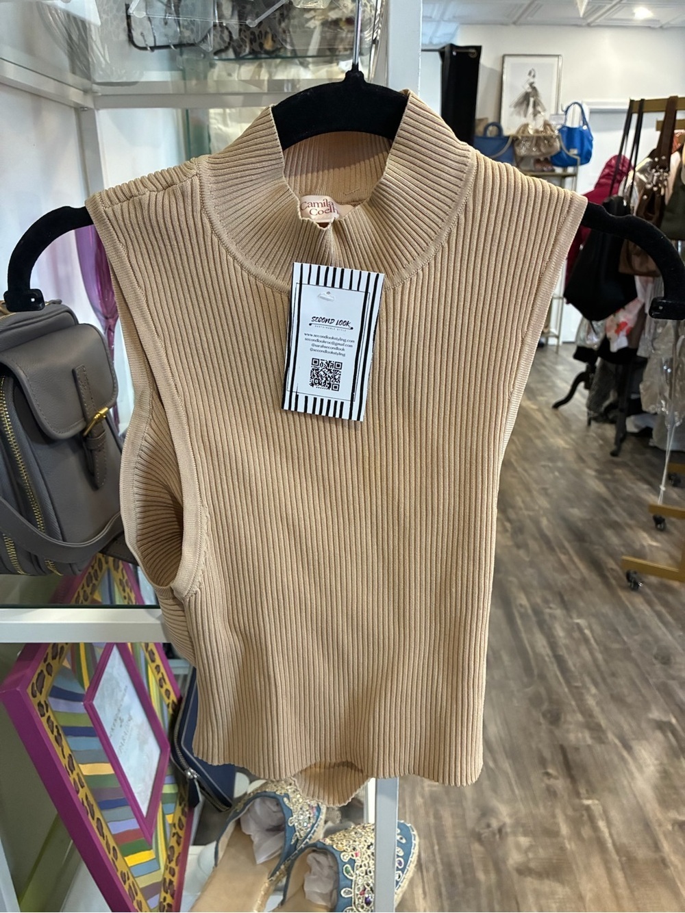 Camila Coelho Ribbed Mock Neck Sleeveless Top - tan with open back